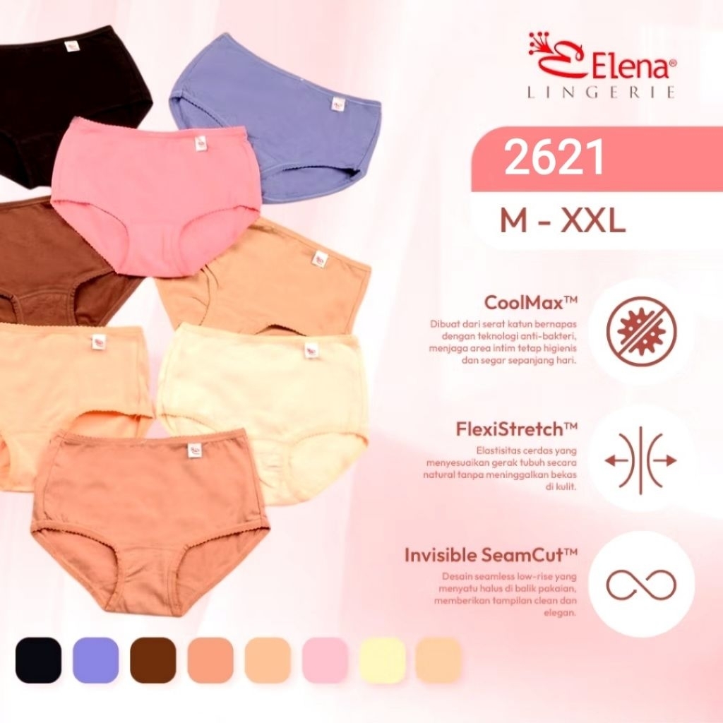 Elena Celana Dalam Wanita Super Lembut 2621 - 6 pcs Multicolor - CD Wanita Katun Mid Waist
