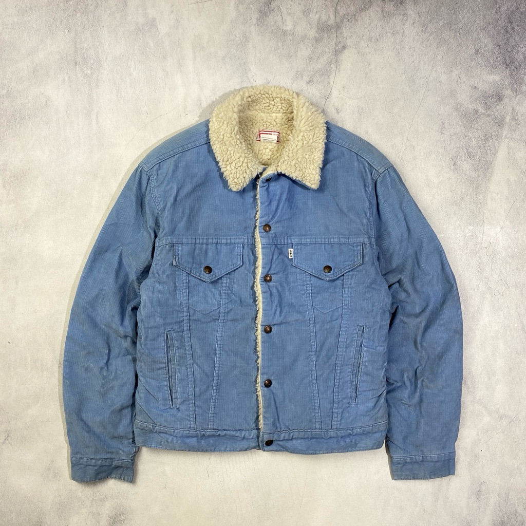 Vintage 70s Levis White Tab Baby Blue Corduroy Boa Lined Sherpa Trucker Jacket Casual Harrington Wor