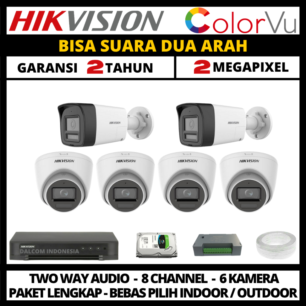 Paket cctv hikvision colorvu 2mp 8 channel 6 kamera two way audio paket cctv lengkap