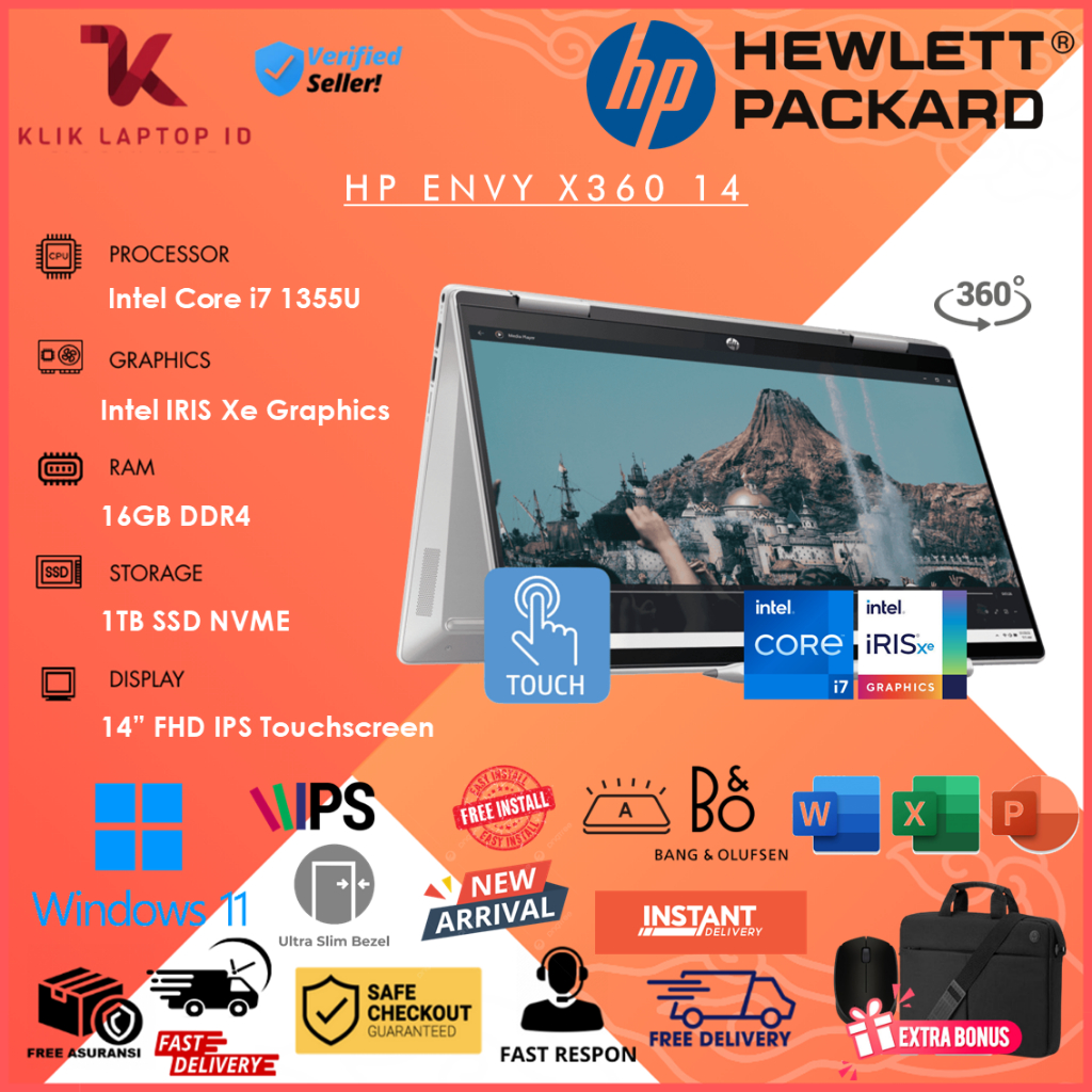 Laptop HP Envy X360 14 Intel i7 1355U Ram 16GB 2TB SSD FHD Touchscreen IPS Win11 Home Original