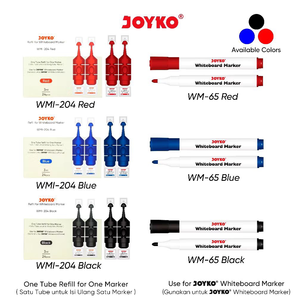 

Spidol Papan Tulis Joyko Refillable | Bisa Dihapus & Diisi Ulang | Whiteboard Marker Hitam Biru Merah