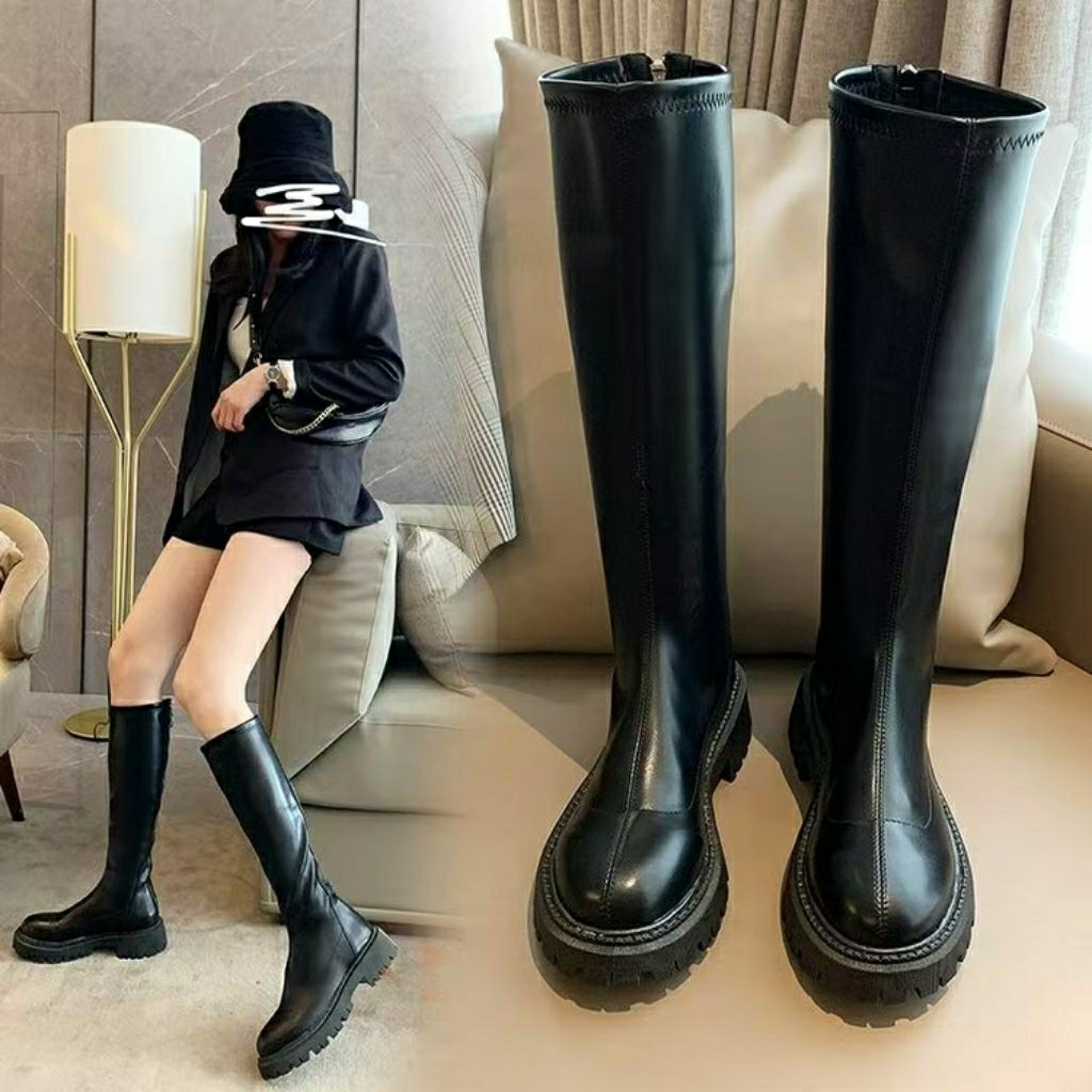 IMPORTIR SEPATU Winter Boot Kulit Selutut Sepatu Berkuda Wanita