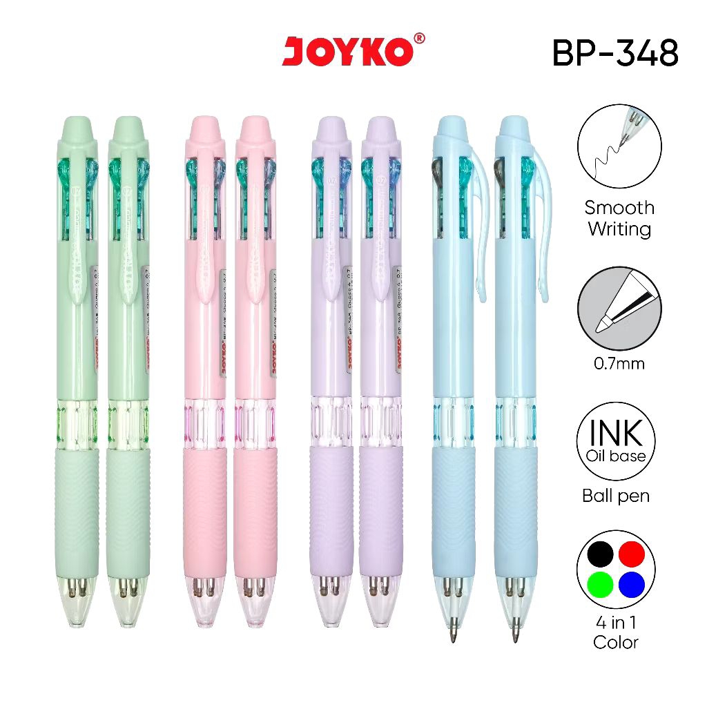 

Pulpen Joyko BP-348 Quaco 4 Warna 0.7mm – Ballpoint Pastel Ink Hitam Biru Merah Hijau Smooth Writing