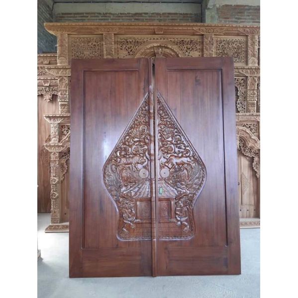 Daun Pintu Kayu Jati | Gunungaan Wayang | Ukuran L180xt240 CM Kupu Tarung