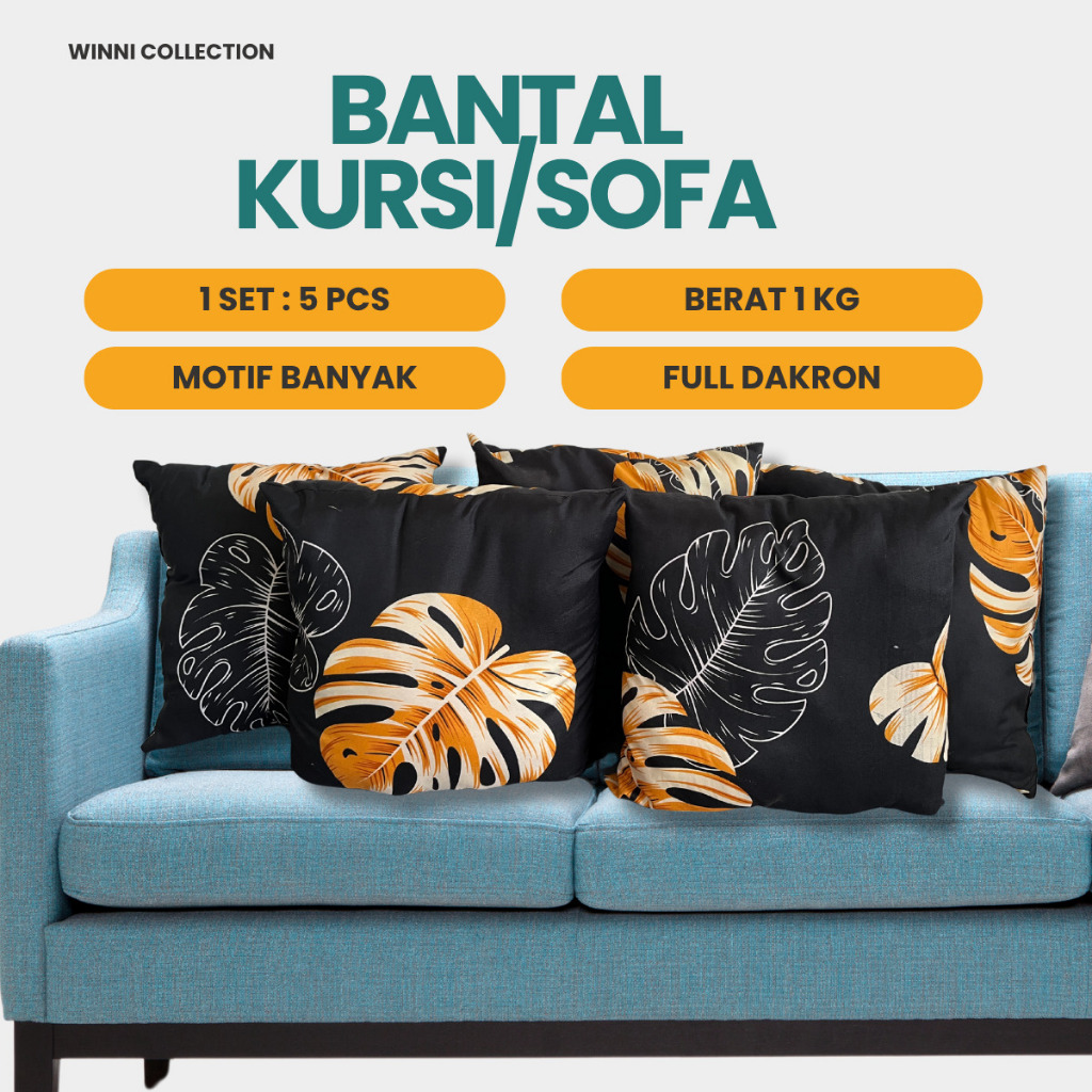 Winni Collection Bantal Sofa Kursi 1 Set 5 Pcs Tebal Isi Full Dakron Motif Daun Coklat Ukuran 40x40 