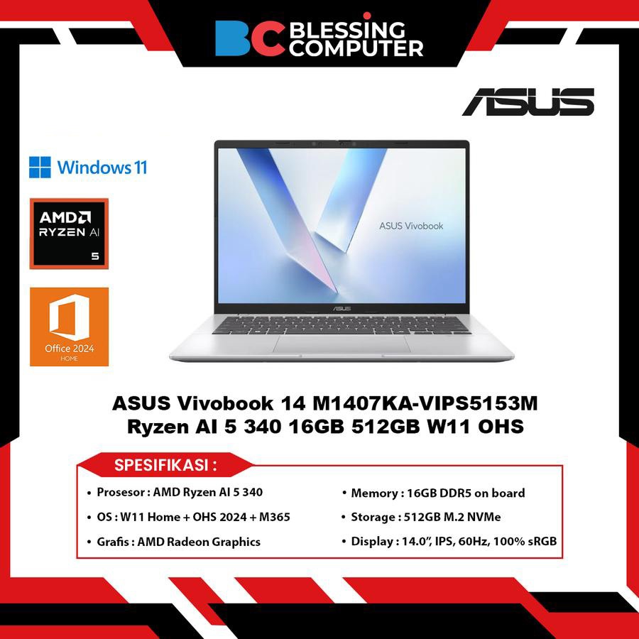 ASUS Vivobook 14 M1407KA-VIPS5153M Ryzen AI 5 340 16GB 512GB W11 OHS Cool Silver