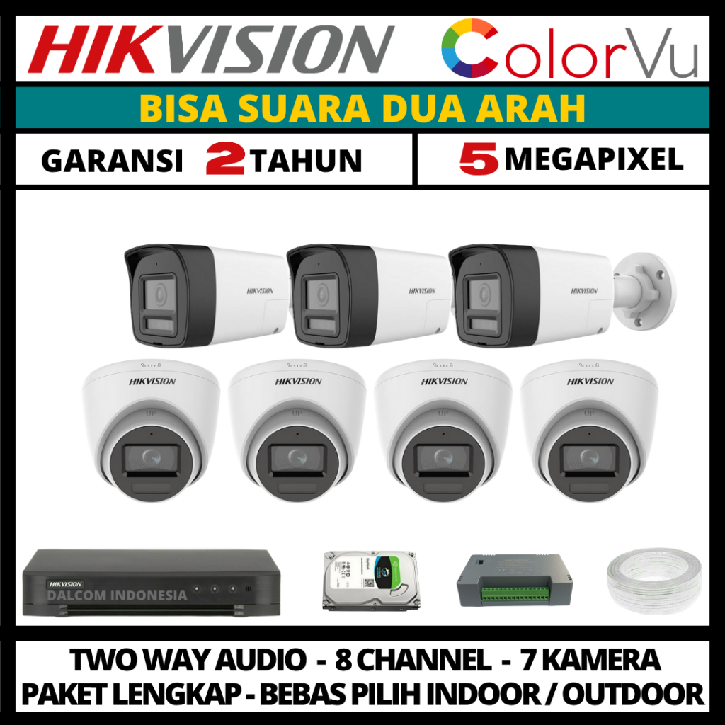 Paket cctv hikvision colorvu 5mp 8 channel 7 kamera two way audio paket cctv lengkap