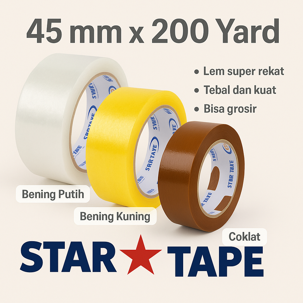 

Star Tape Lakban 45 x 200 Yard – Bening & Coklat – Lakban Karton Packing Kuat | Cocok Untuk Online Shop | Packing Gudang | Usaha Pengiriman