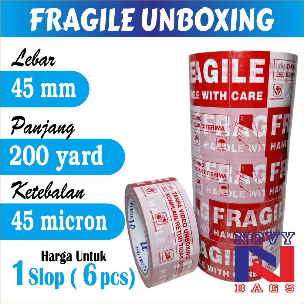 

Promo TERBARU!! HARGA 1 SLOP ( 6 ROLL ) LAKBAN VIDEO UNBOXING FRAGILE 100 YARD