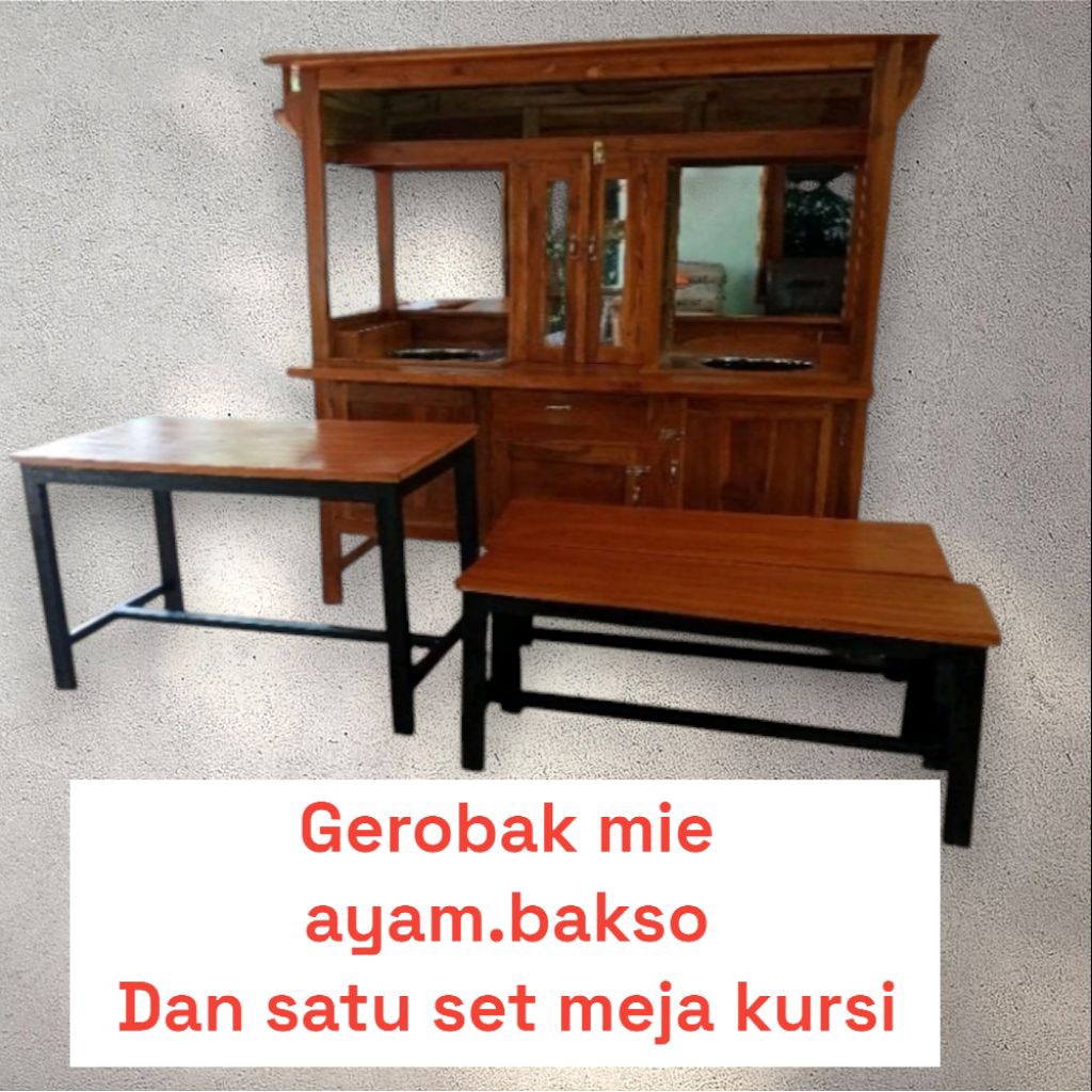 gerobak bakso dan mie ayam kayu jati dan satu set meja kursi free ongkir