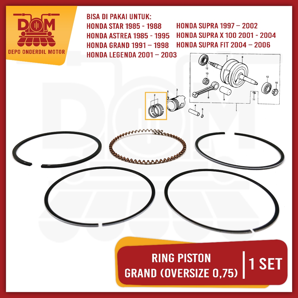 Ring Piston Set Grand Oversize 0,75 (PSP) Piston Ring Kit Seker Seher OS 75mm Honda Grand Astrea