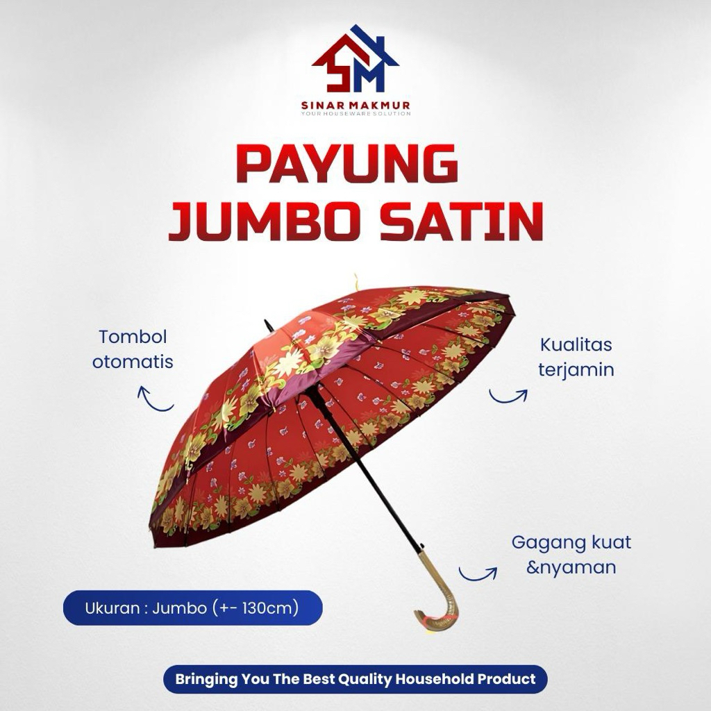 (Grosir) Sinar Payung Jumbo Bunga Satin Tombol Otomatis Ukuran Jumbo Gagang Bengkok Motif Random