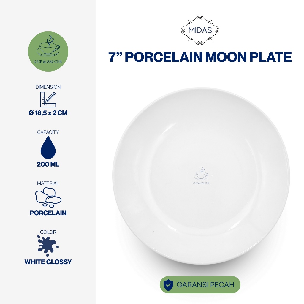 Midas Piring Bulan Bulat Porselen Diameter 7 1/4” Inch / 18,5 cm Putih Polos Kilap Minimalis Kue Por