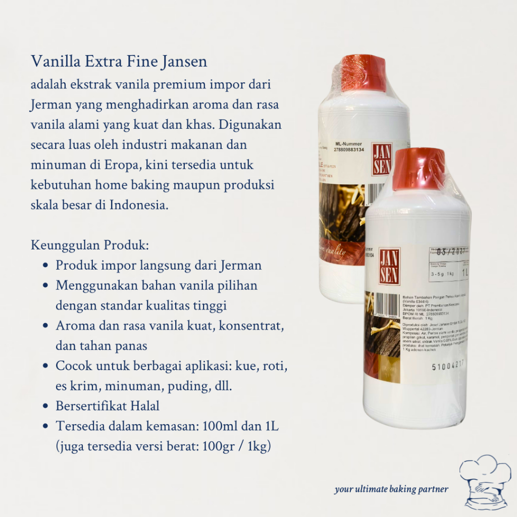 

Jansen Vanila Extra Fine 100ml(100gr) – Ekstrak Vanilla Murni Rasa Premium Impor Jerman