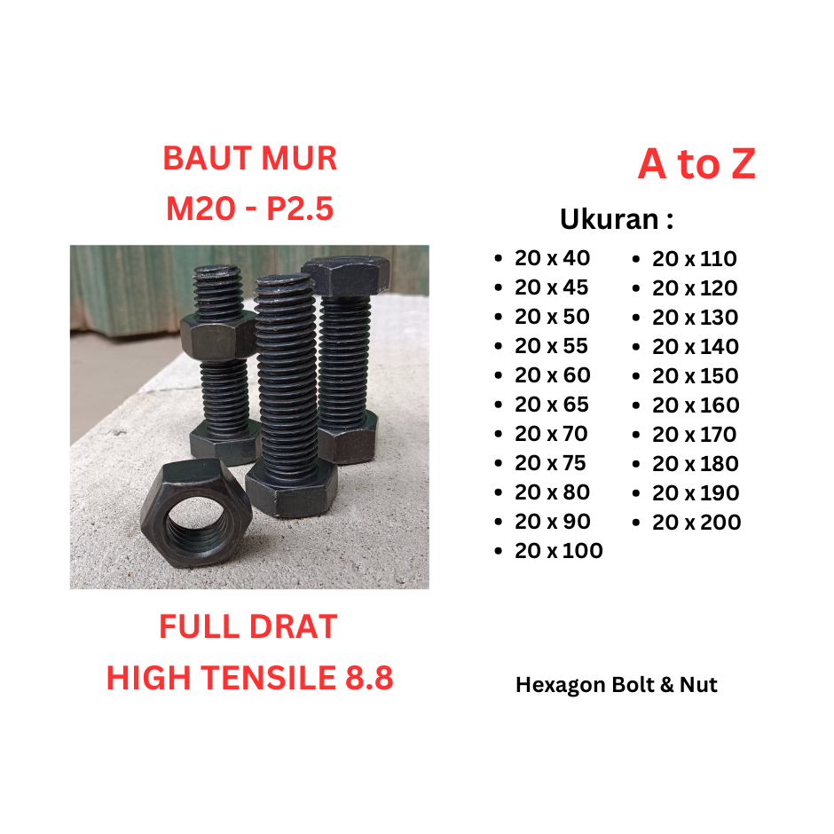 Baut Mur HTB 8.8 - M20 x 40 / 45 / 50 / 55 / 60 / 65 / 70 / 75 / 80 / 90 / 100 Baja Hitam Full Drat 