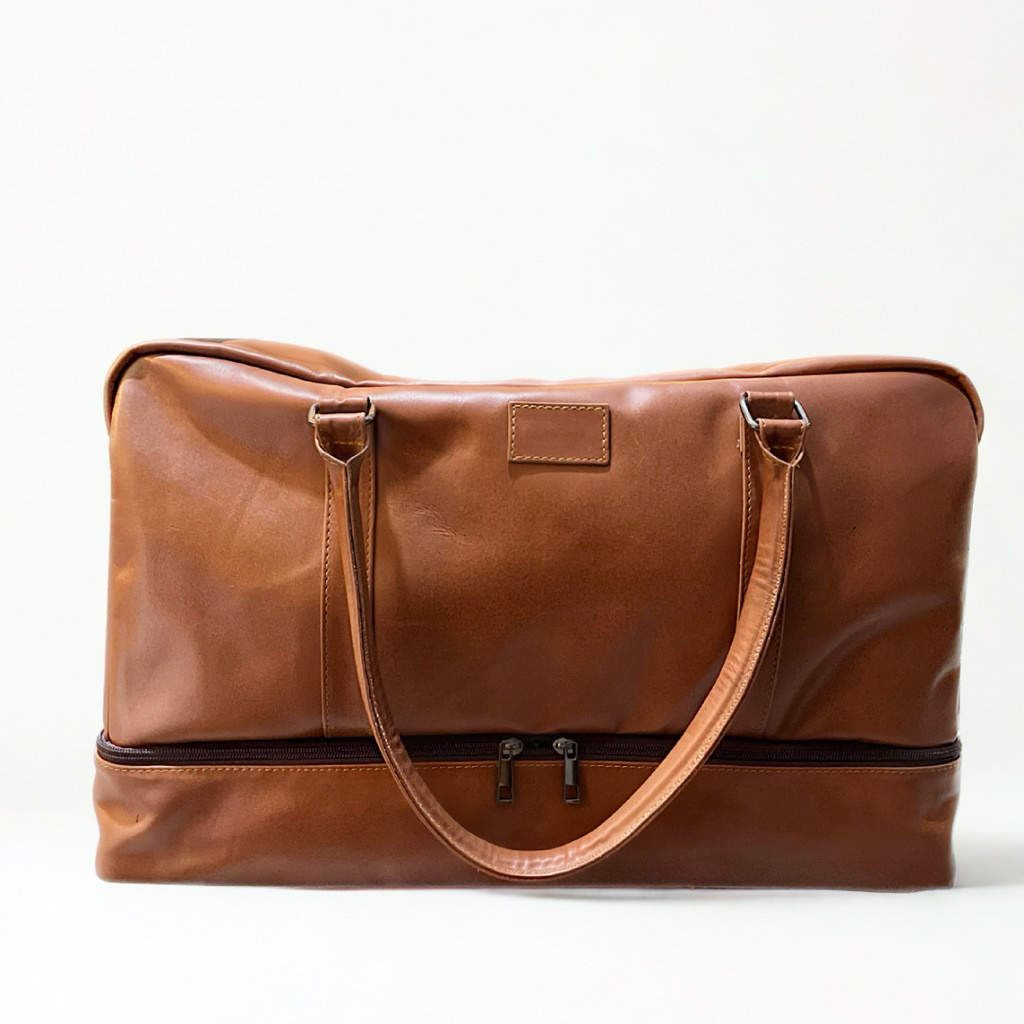 Tas Travel Duffel Kulit Sapi Asli Premium 100% - Cokelat, Dimensi 48x26x32 cm, Kompartemen Bawah Mul