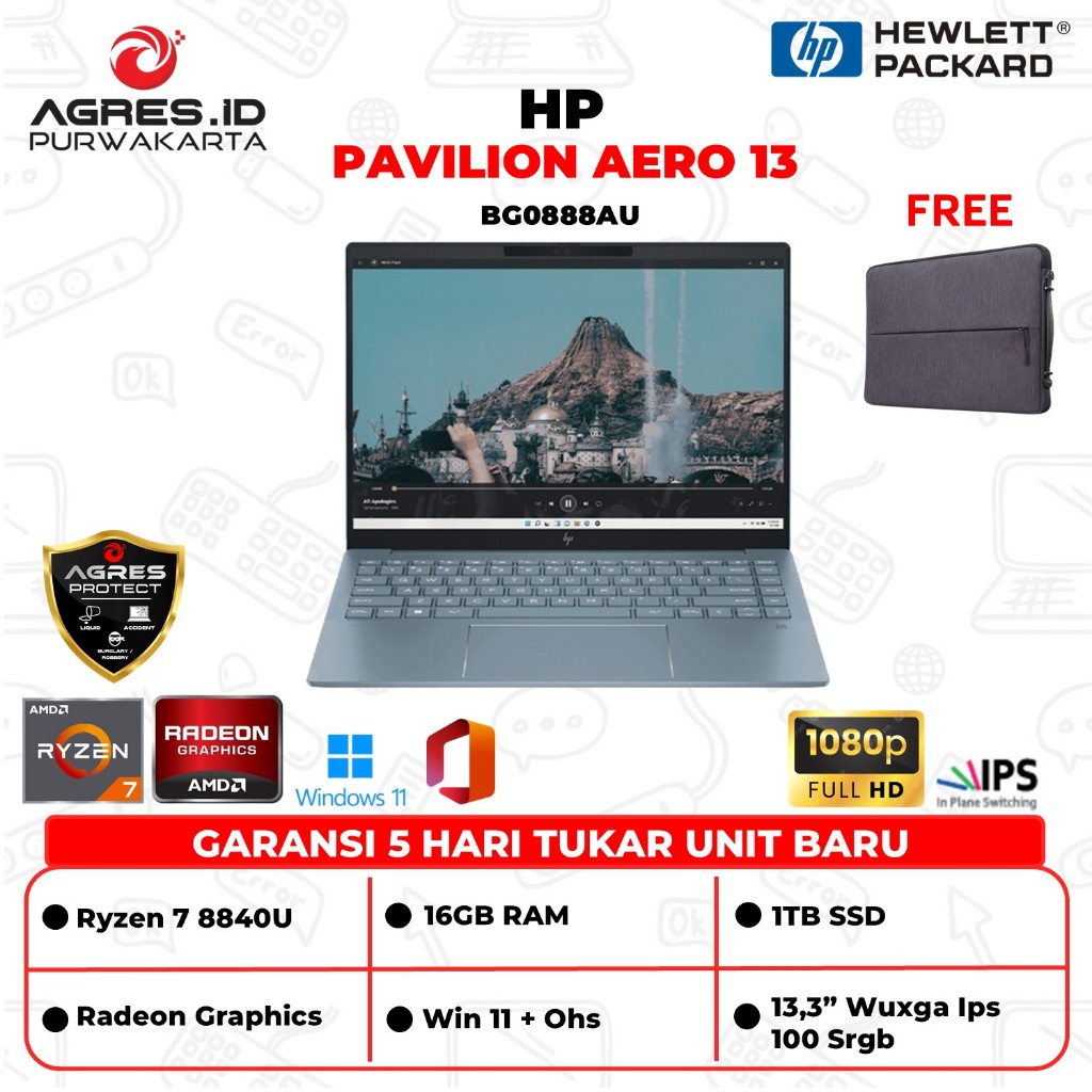 Hp Pavilion Aero 13 Ryzen 7 8840 Ram 16GB Ssd 1TB Win 11+Ohs 13.3" Wuxga Ips 100 Srgb