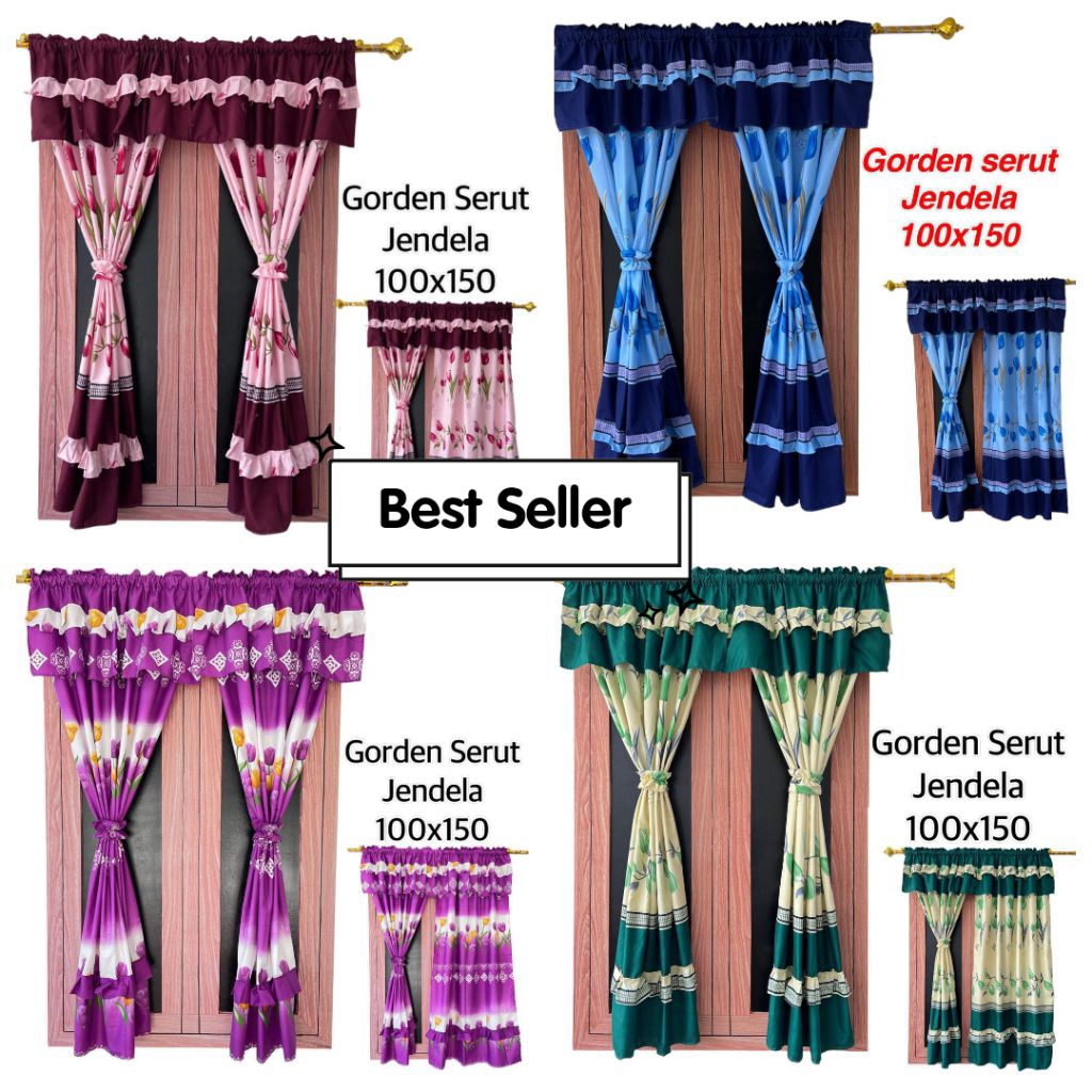 Gorden JENDELA serut motif Bunga Tulip ukuran 100x150