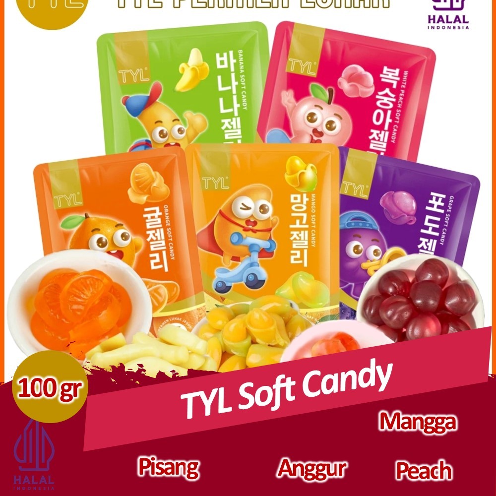 

TYL Soft Candy Permen kupas Rasa Buah Peach, Anggur, Pisang, Orange 100Gram