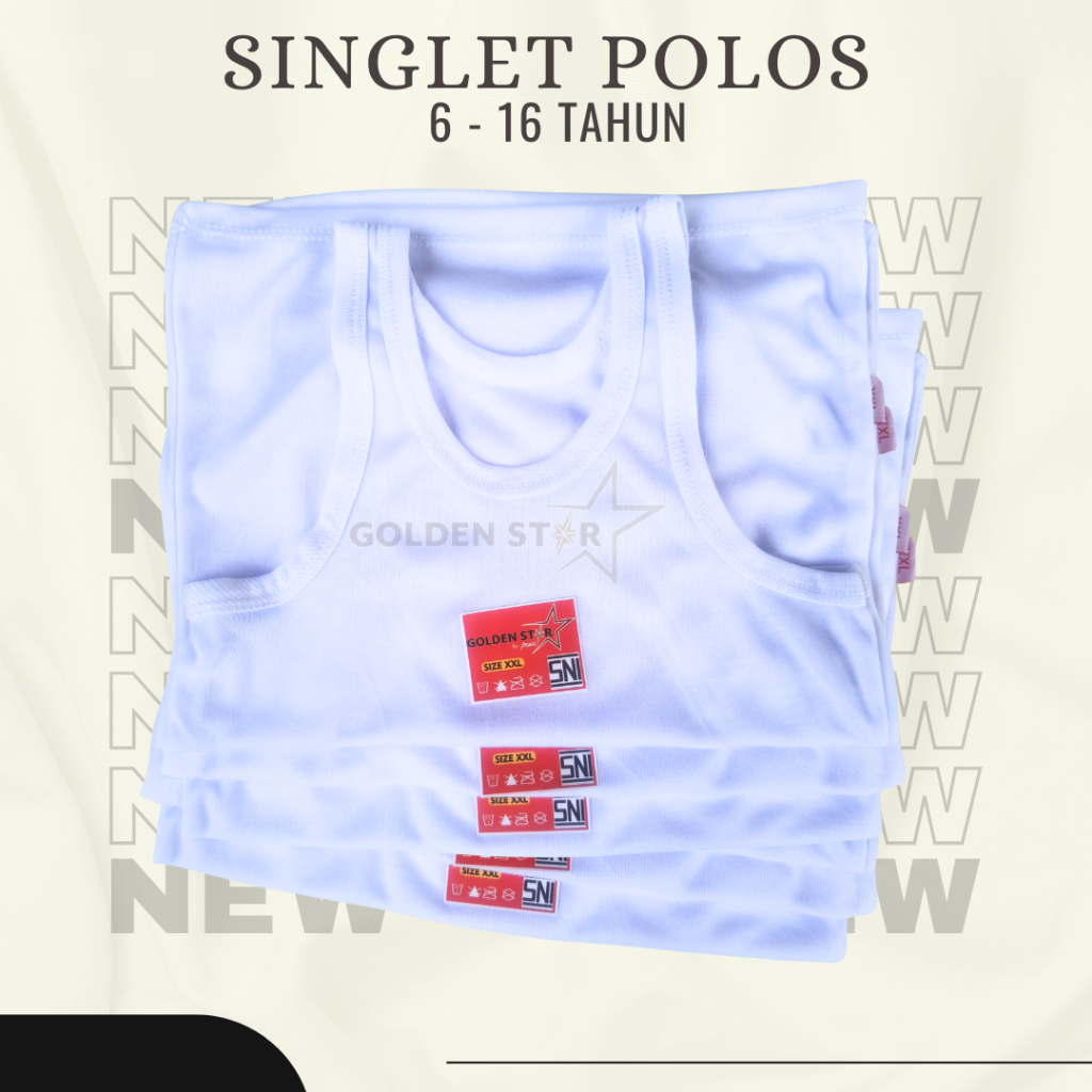 1 Lusin Singlet anak dan remaja golden star putih polos 4- 16 tahun - Singlet Anak Remaja 6 Pcs / Ka