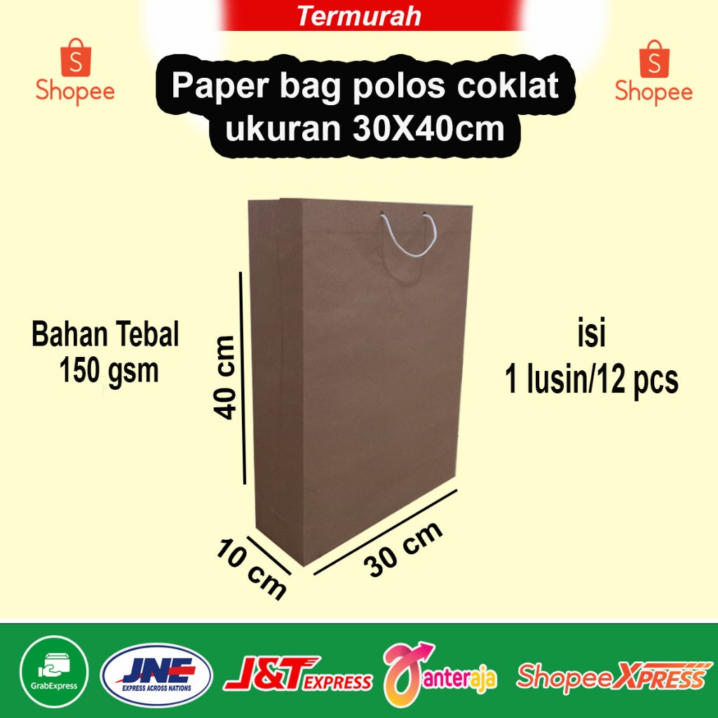 

Paper Bag Polos Coklat Jumbo, Tas Kertas Ukuran 30x40cm Isi 12 Pcs/1 Lusin
