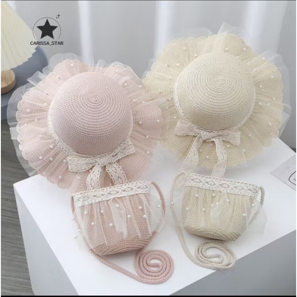 CSS TOPI PANTAI ANAK PEREMPUAN KOREA | TOPI JERAMI ANAK SET TAS RENDA MUTIARA IMPORT