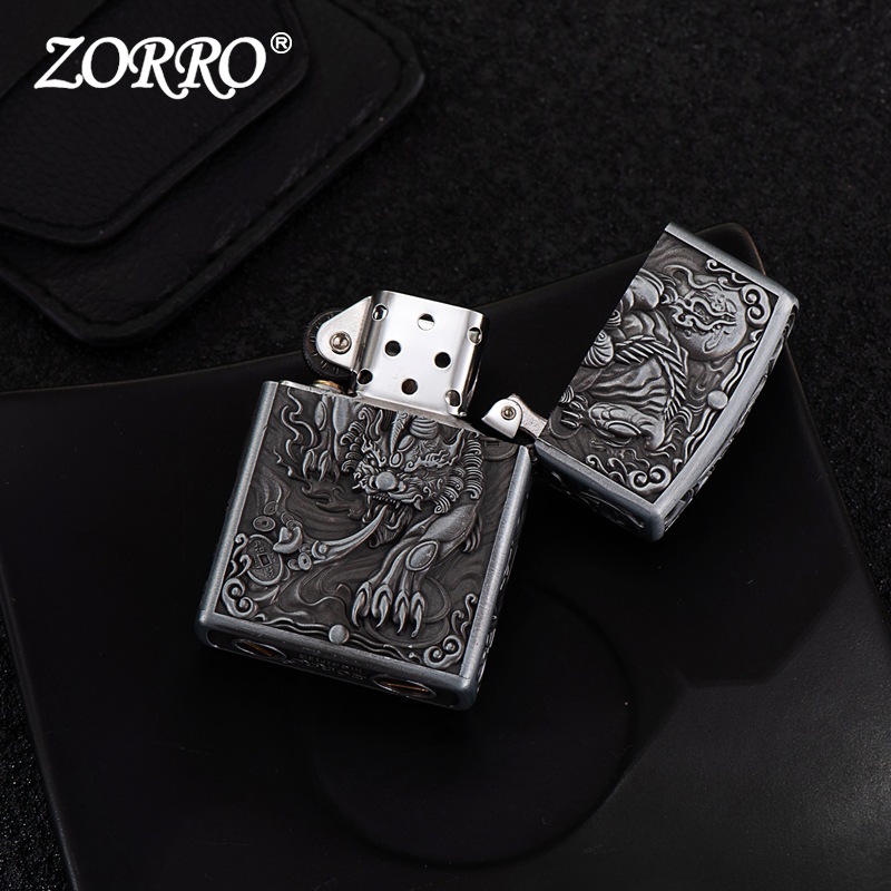 Bbak Korek Api Minyak Zorro Korek Minyak Body Besi Ukiran 3D Gratis Kotak Dan Pembuka Sekrup