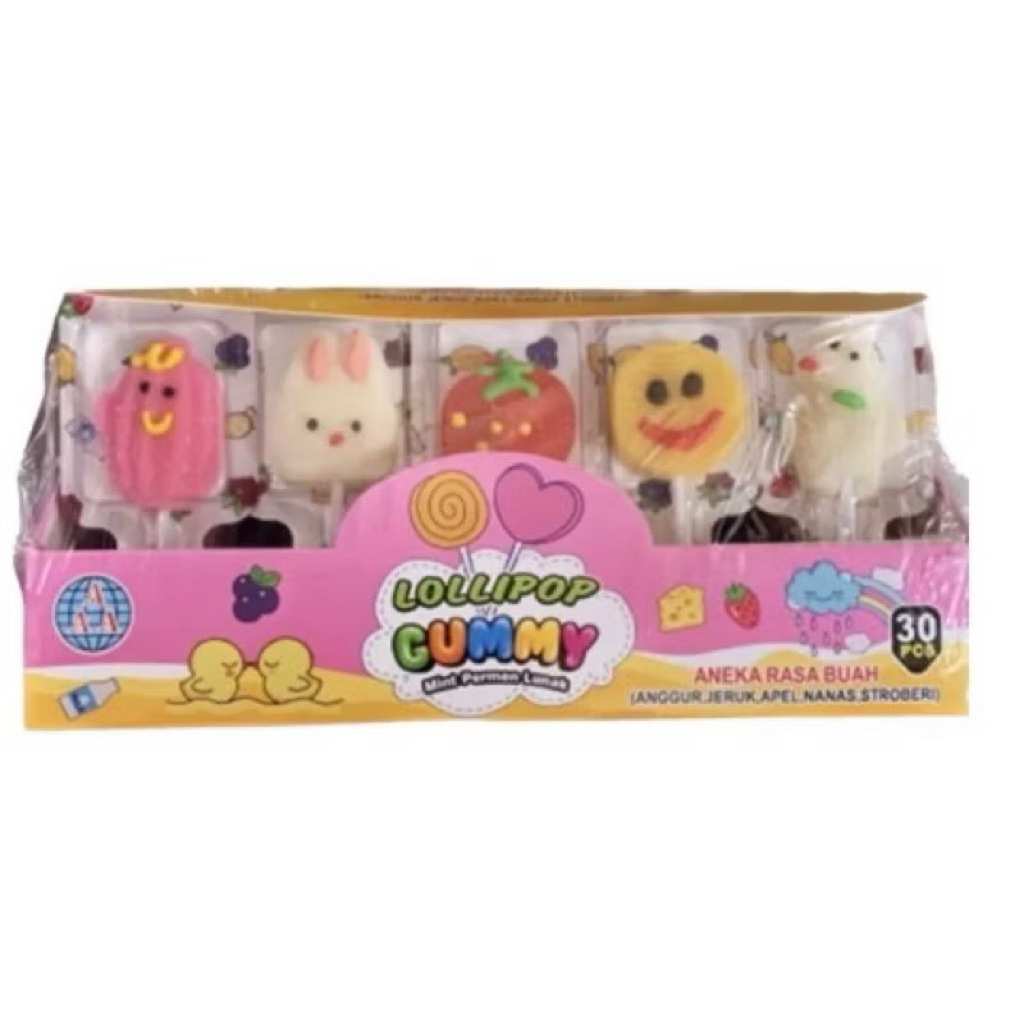 

permen karakter lollipop gummy mint lunak aneka rasa buah 1 pak isi 30 pcs