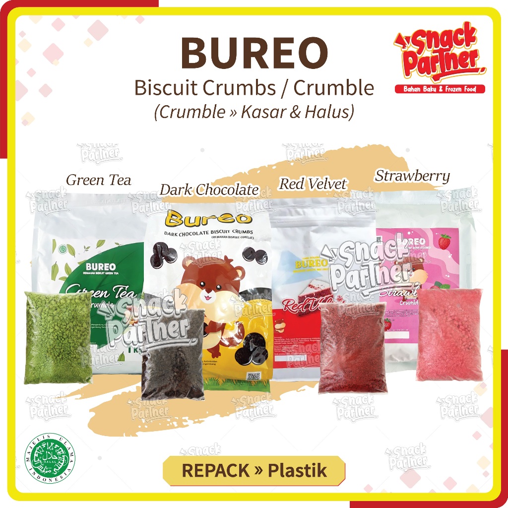 

BUREO Biscuit Crumble REPACK 500 GR - Bubuk Remahan/Remukan Biskuit Crumb Kasar & Halus - Topping Makanan Kue/Cake Roti Donat Pisang Goreng Nuget, Cookies Biskuit Ice Cream-Dark Chocolate/Coklat Red Velvet Green Tea/Matcha/Teh Hijau Strawberry/Stroberi