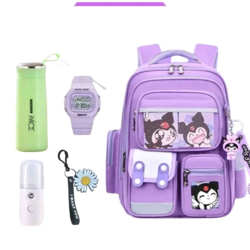 Tas Ransel KUROMI KIDS Bags Tas Sekolah Anak Free BOTOL Jam Tangan NANO SPRAY Dan Gantungan Lucu BIS