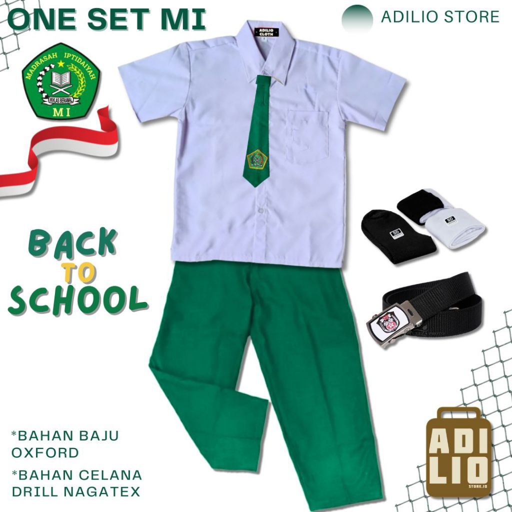 SETELAN SERAGAM SEKOLAH MI BAJU PUTIH PENDEK CELANA HIJAU PANJANG SERAGAM ANAK LAKI-LAKI
