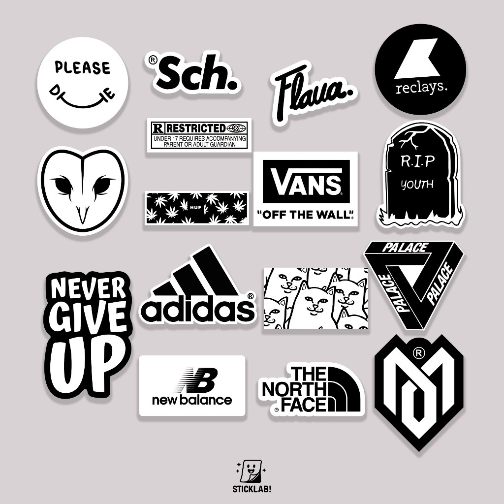 

Sticker Pack BRAND VOL 05 Aesthetic Vynil Potongan KissCut Tumblr Helm Laptop BLACK & WHITE