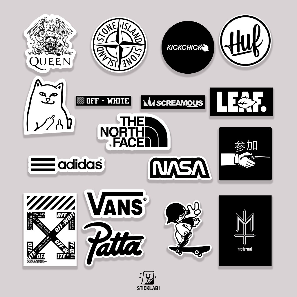 

Sticker Pack BRAND VOL 06 Aesthetic Vynil Potongan KissCut Tumblr Helm Laptop BLACK & WHITE
