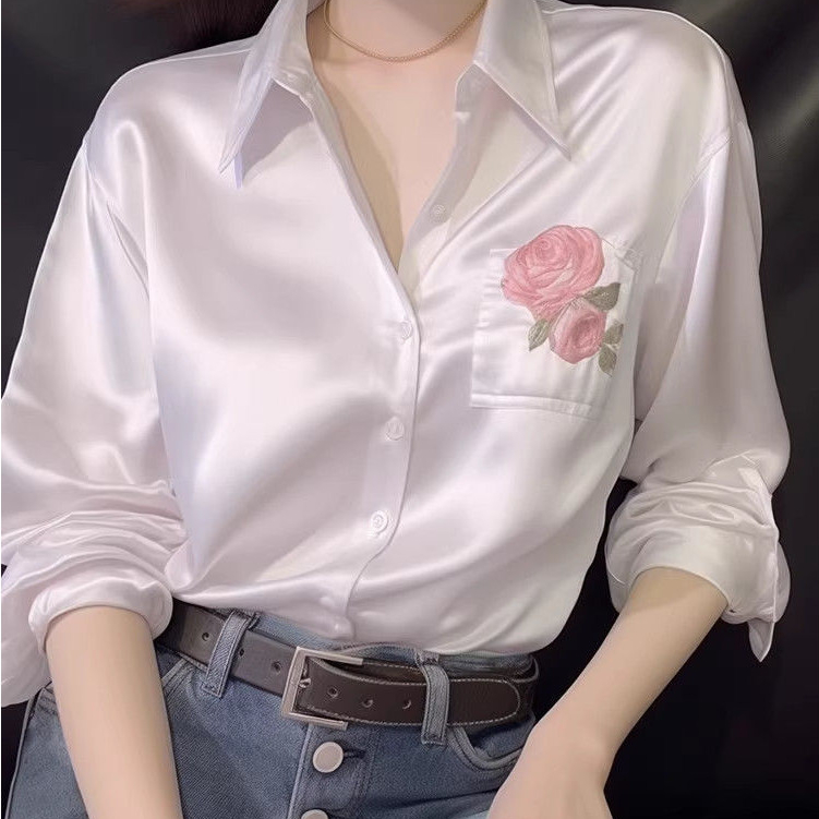 Women's European Goods High-End Chanel Style Long Sleeve White Acetate Shirt/Top