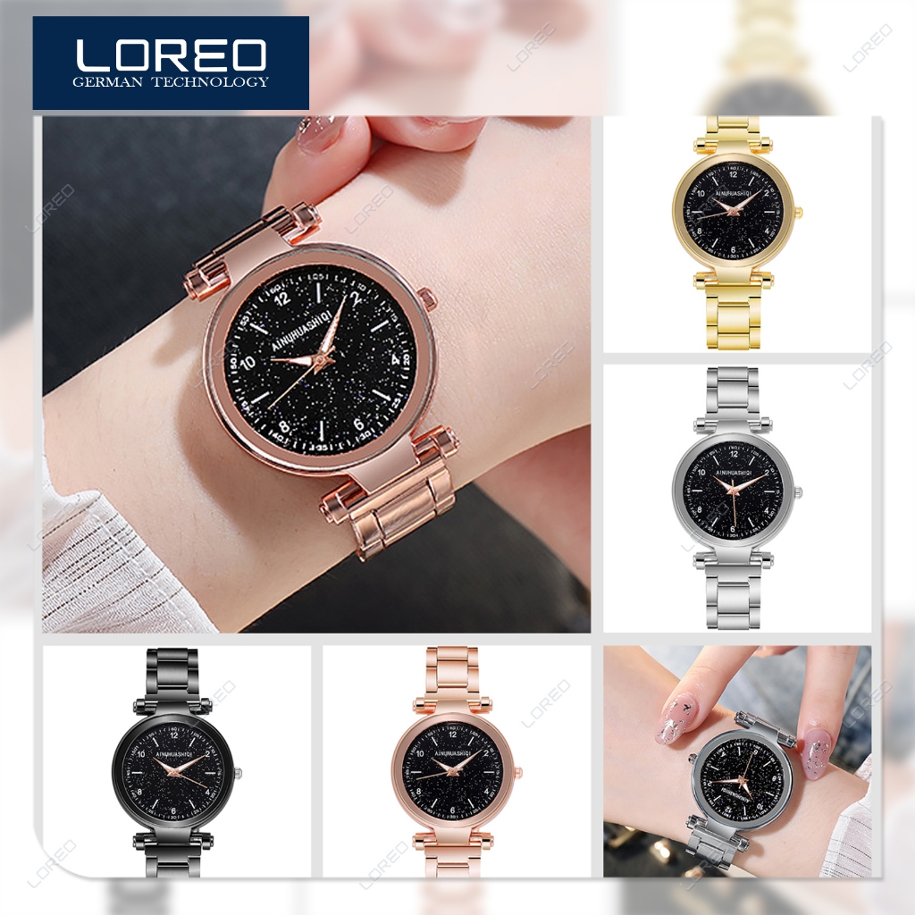 Loreo - Jam Tangan Wanita Stainless Steel Dial Bulat Glitter Analog Watch