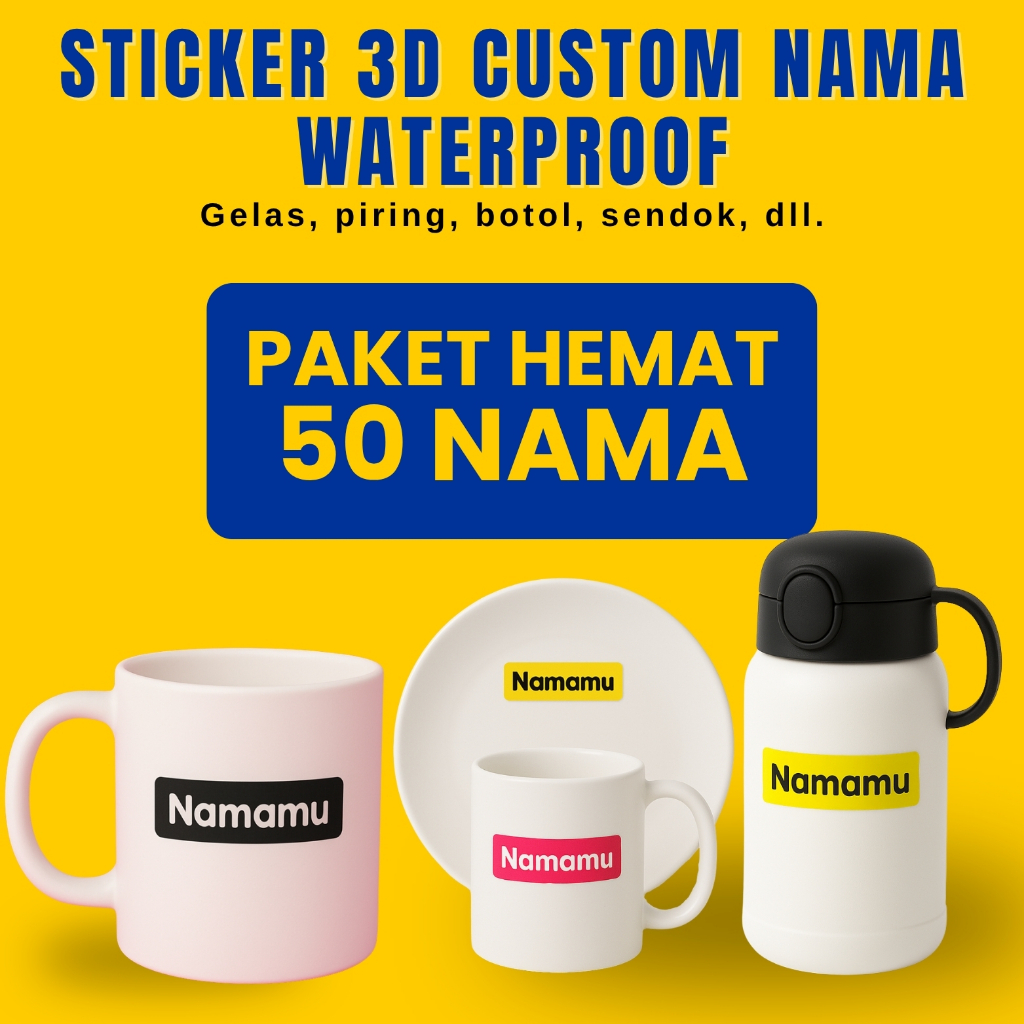 

50 PCS Stiker Barang Custom Nama Piring Sendok Botol Gelas Perabotan timbul waterproof label