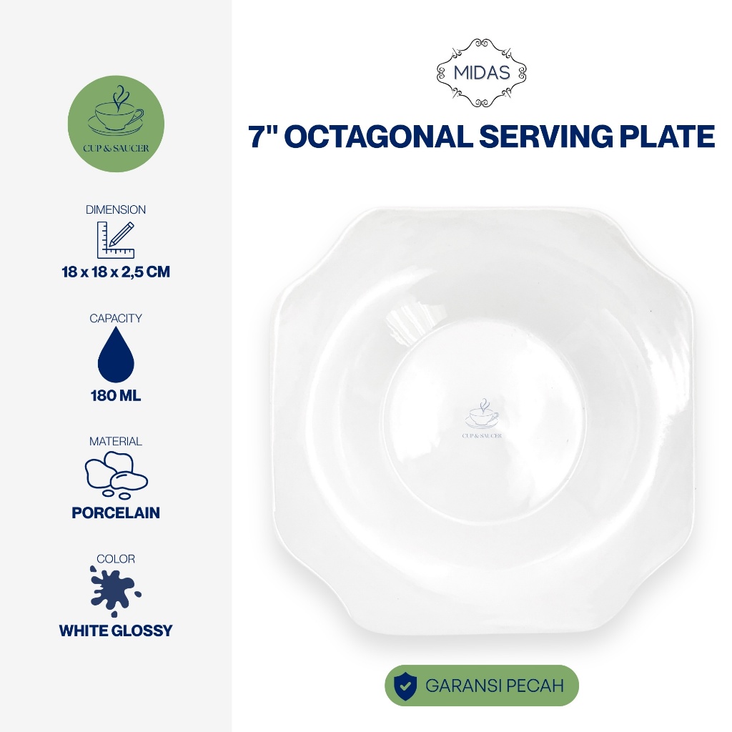 Midas Piring Saji Bentuk Segi Delapan Porselen 18 x 18 x 2,5 cm Putih Polos Kilap Minimalis 8 Porcel