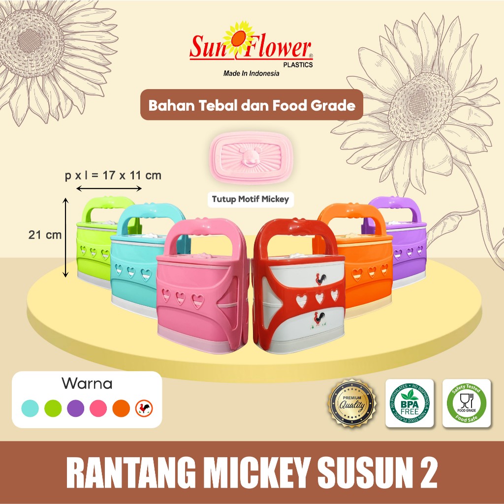 RANTANG MICKEY SUSUN 2 Sun Flower/Susun 2 Rantang Plastik Cantik / Rantang Ayam Jago / Rantang Bekal