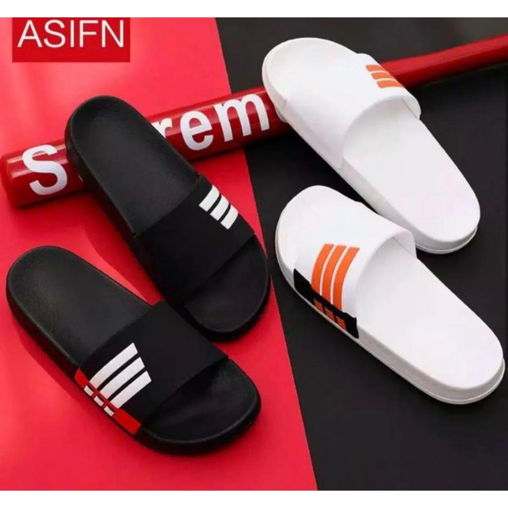 Cahaya Sandal - Sandal Slip On Karet Cowok - Sandal Selop Hitam Putih Motif Garis