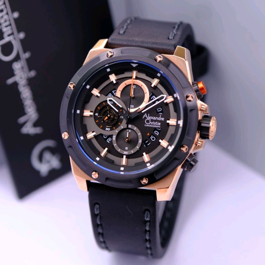 Jam Tangan Pria Alexander Christie AC 6506 Analog Cronograph Leather Strap Original Garansi Resmi