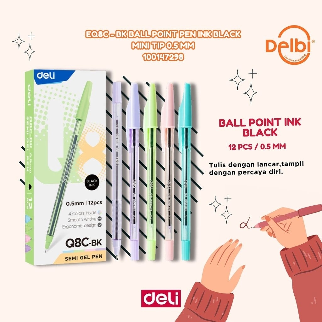 

DELI EQ8C-BK Ball Point Pen Ink Black Mini tip 0.5mm BX12 BX144 BX1728