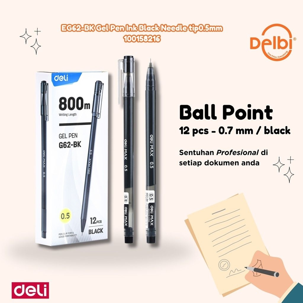 

EG62-BK Gel Pen Ink Black Needle tip0.5mm DELI PULPEN TINTA BX144 BX1728 BX12 BX3
