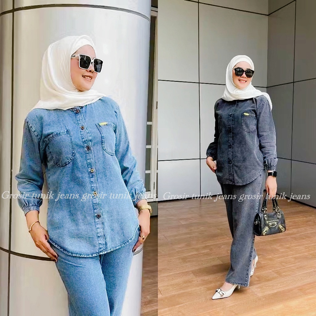 Aldira One Set Jeans Wash Snow High Quality/Setelan Jeans Atasan Top Celana Kulot Wanita Kekinian Bu