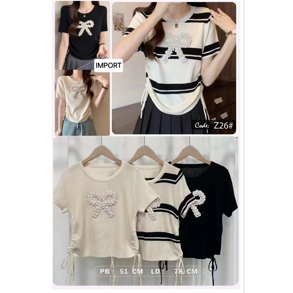 Rajut serut import 726 Bahan rajut halus aplikasi mutiara Wanita Baju Atasan