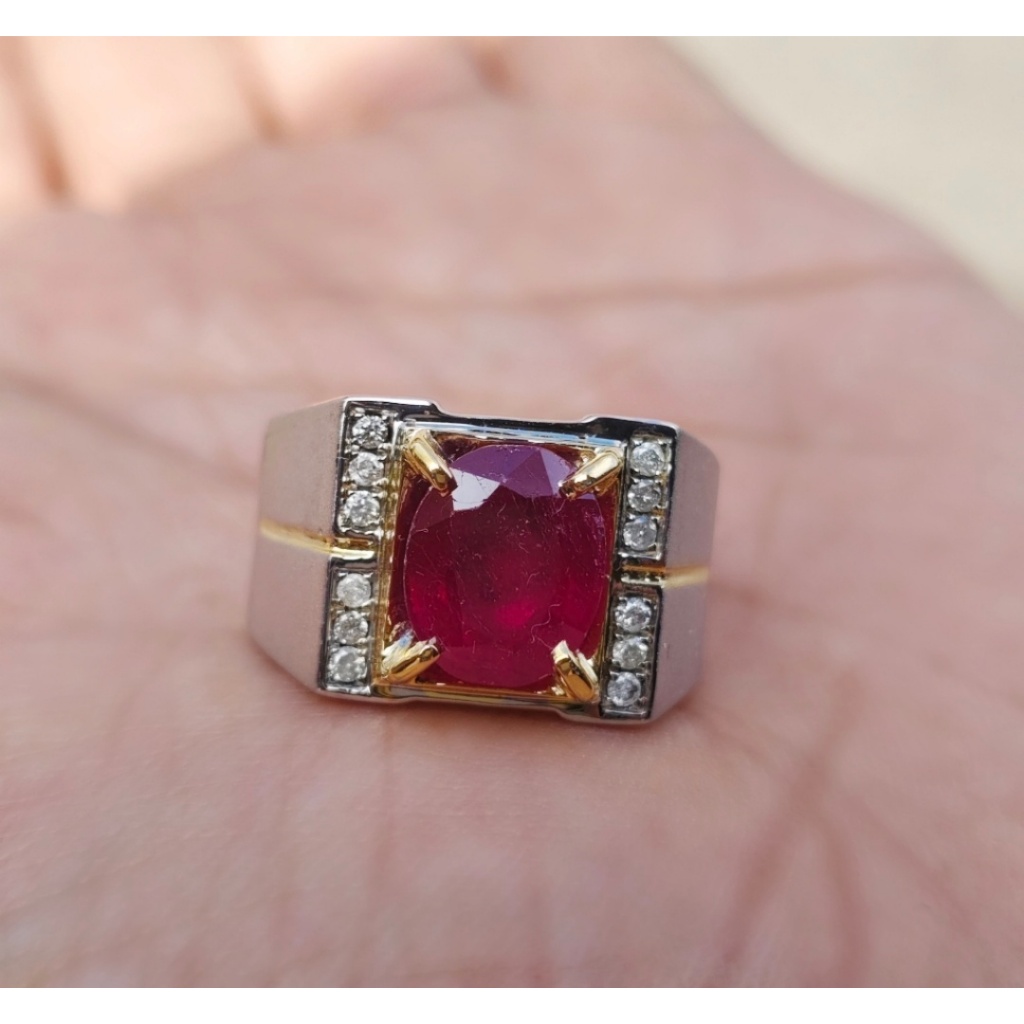 Cincin silver perak pria  batu ruby samping berlian eropa