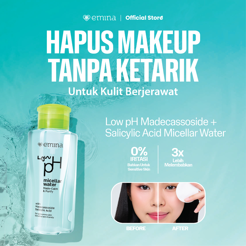 Emina Low pH Micellar Water  untuk Kulit Berminyak dan Berjerawat Sensitif 125ml & 300ml | Salicylic