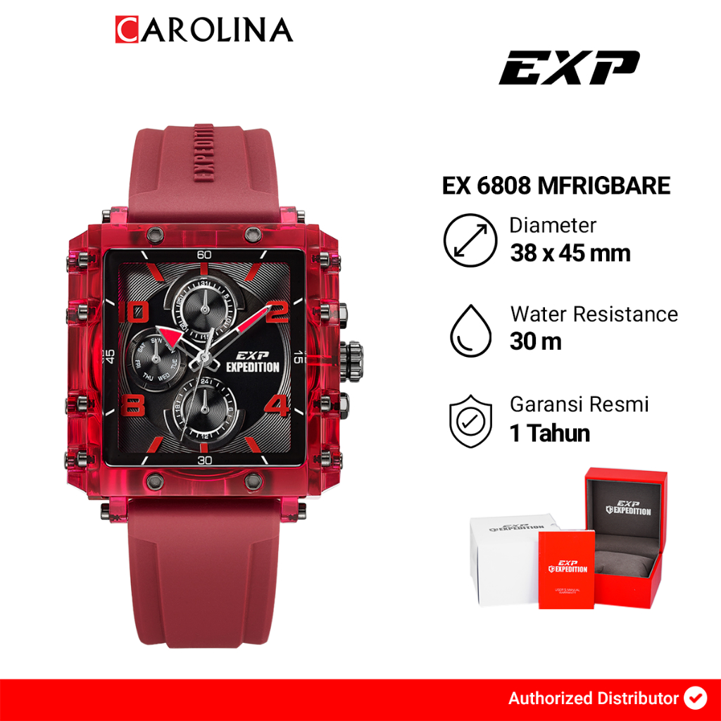 Jam Tangan Pria Expedition Exp Chronograph EX 6808 MFRIGBARE Black Dial Red Rubber Strap
