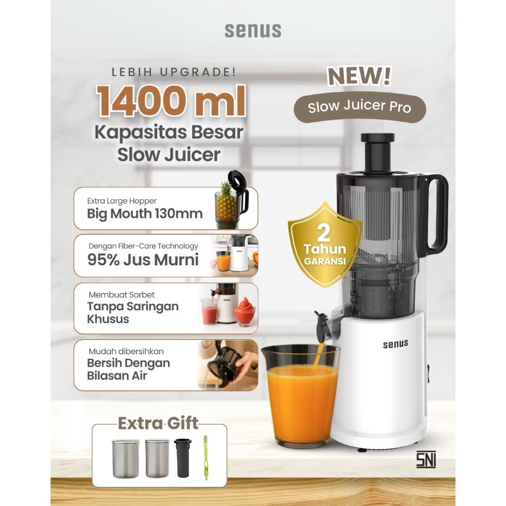 Senus Slow Juicer PRO 220W - Pengekstrak buah 95% tanpa ampas mudah dibersihkan