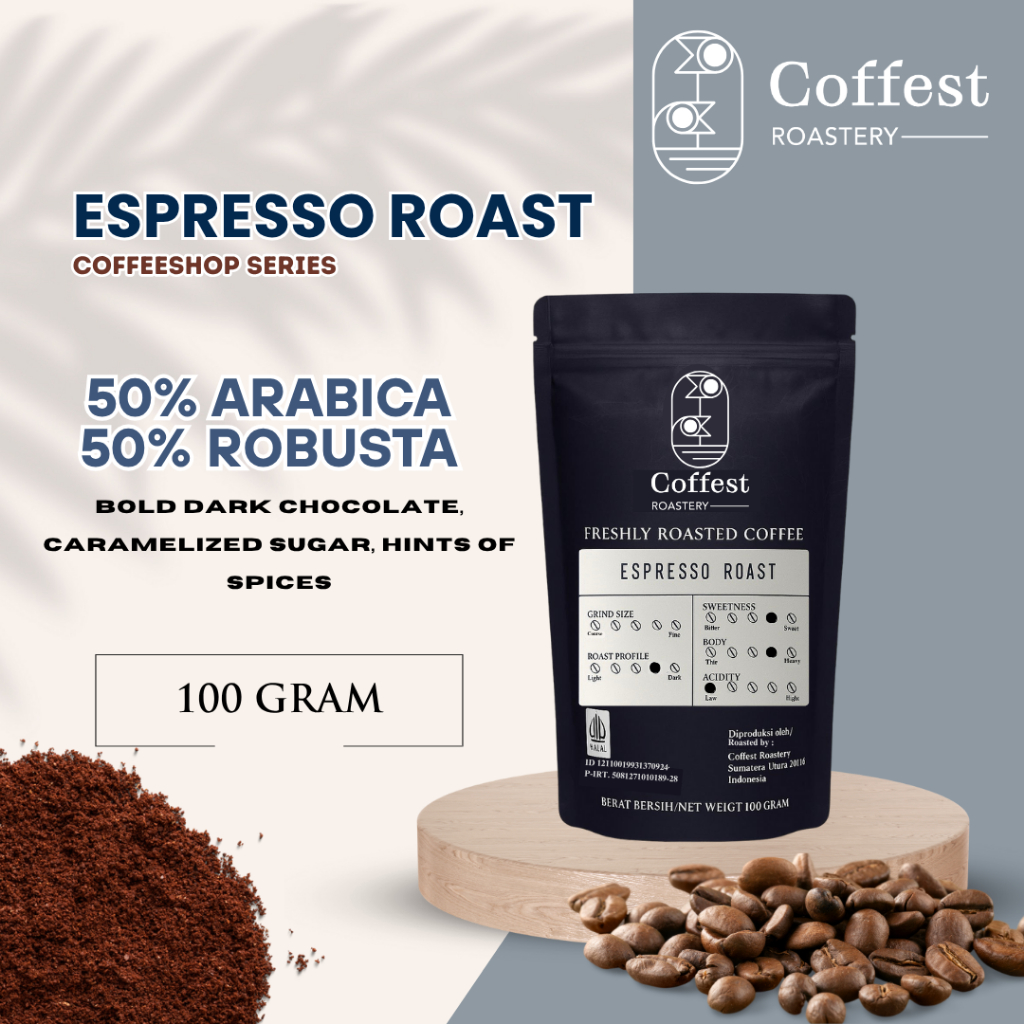 

Coffest Roastery - Espresso Roast 100 gram - Roast Bean BubukKopi Blend 50/50Arabika Robusta Grade 1
