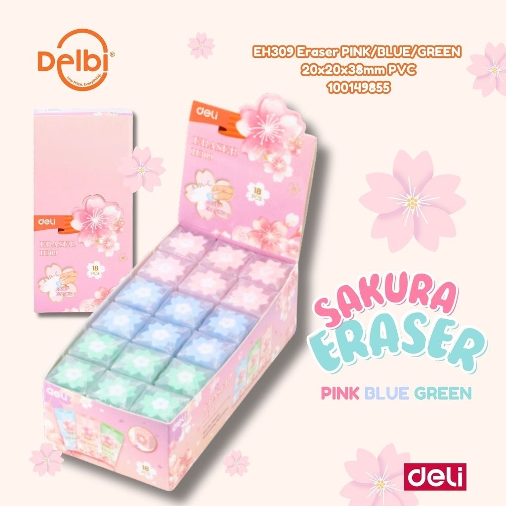 

EH309 Eraser PINK/BLUE/GREEN 20x20x38mm PVC DELI PENGHAPUS WARNA WARNI SETIP BX18 BX648